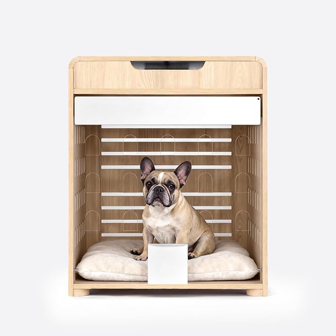 Upgraded Modern Dog Crate Furniture with Charging Station Medium Kennel Indoor with Flip-up Hidden Acrylic Door for Small and Medium Breeds up to 50lb Wood Pet End Side Table Cage, Oak