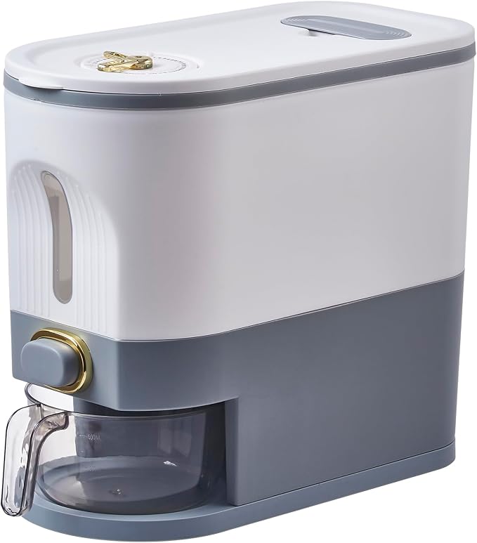 Sooyee 11 Lbs Rice Container with Measuring Cup, White and Grey | Large Grain Container Storage, With Lid, For Rice, Corn, Cereal,Grain,Soybean & Oatmeal Measuring Cylinder, Moisture Proof