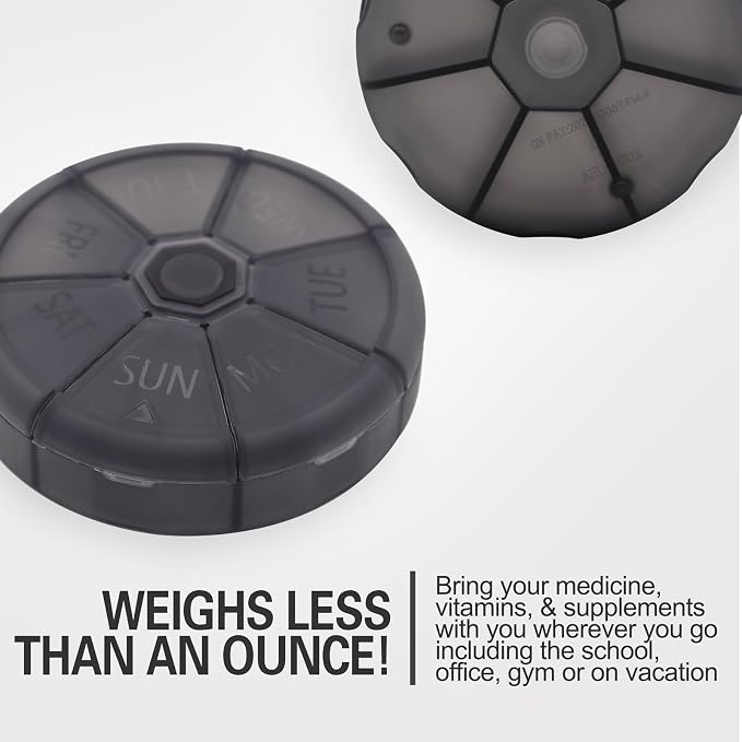 Portable Weekly Pill Organizer (Pack of 2) 7 Day Container,Round Case Travel Friendly,Daily Week Pill Reminder,Vitamin,Supplement,Fish Oil,Medication Planner (Black)