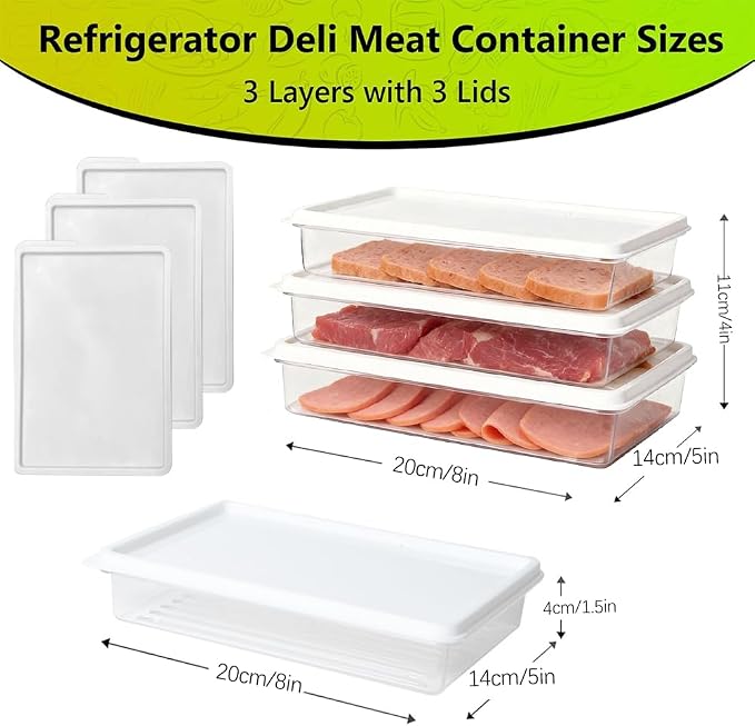 3pcs Small Deli Meat Container with Lids for Cold Cuts Ham Salami Storage | Stackable, Transparent, BPA Free, Refrigerator Organizer, for Cheese Meal Prep Food Storage Boxes