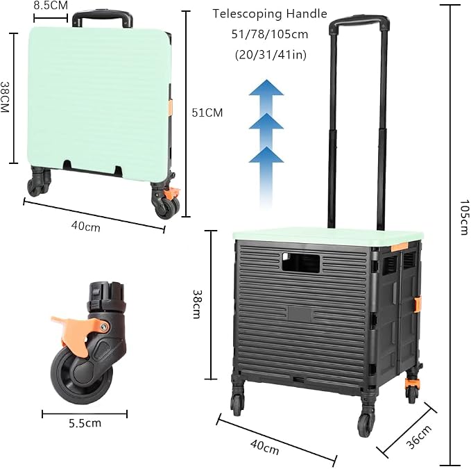 FELICON SELORSS Foldable Utility Cart Folding Portable Rolling Crate-Green | Heavy Duty,Telescoping Handle,4 Rotate Wheels,Collapsible Handcart for Travel Shop Move Luggage Laundry Teacher Office Use