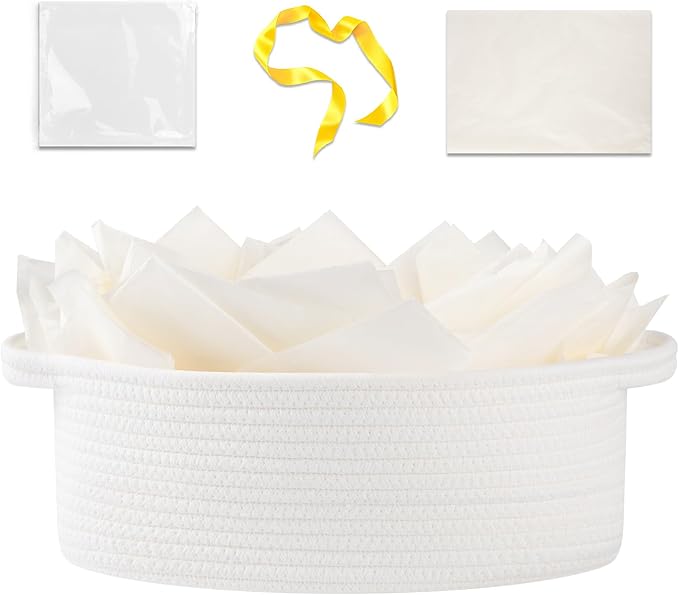OIAHOMY Gift Basket with Handle, 13.4"x 10"x 5.5" Woven Basket with Gift Bag, Ribbon and Wrap Tissue Paper, Nursery Bins Empty to Fill with Towels, Baby, Pet Toy Organizer - White