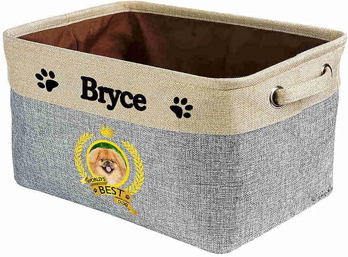Custom Name Collapsible Dog Toy Storage Basket Bin World's Best Dog Happy Pekingese Dog Foldable Pet Toy Box Closet Shelf Baskets Organizer for Bedroom Home Dog Cat with Handles Gray