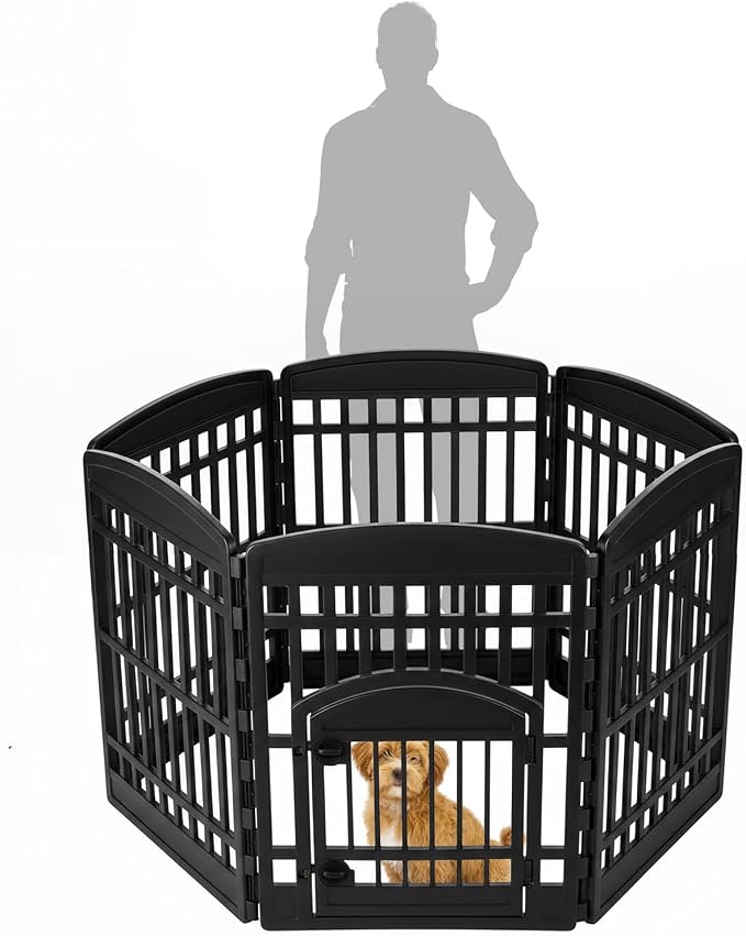 IRIS USA 6-Panel Dog Playpen, Pet Enclosure, Black | Pet Containment, Custom Pen Configuration, Flexible Boundary, Multi-Shape Setup, Tool-Free Assembly, Secure Door Latch