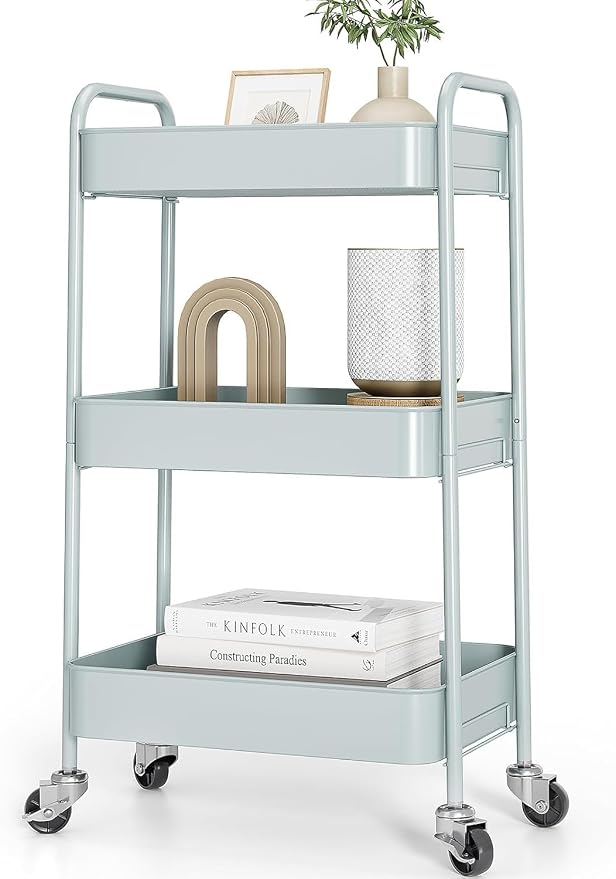 TOOLF 3 Tier Metal Rolling Cart, Utility Storage Cart with Wheels, Green | Screwless Assembly, Lockable Metal Wheels, Trolley Organizer for Bathroom, Kitchen, Office, Dorm, Laundry, Craft Room