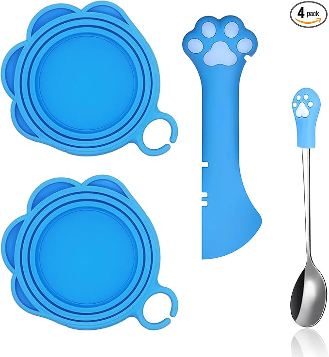 SJANE Cat Food Can Spoons & Can Lids | 4 Pcs | Colorful Multi-Function Opener | Universal Soft Silicone Pet Food Covers | Stainless Steel Wet Food Spatula for Kittens and Dogs(Blue)