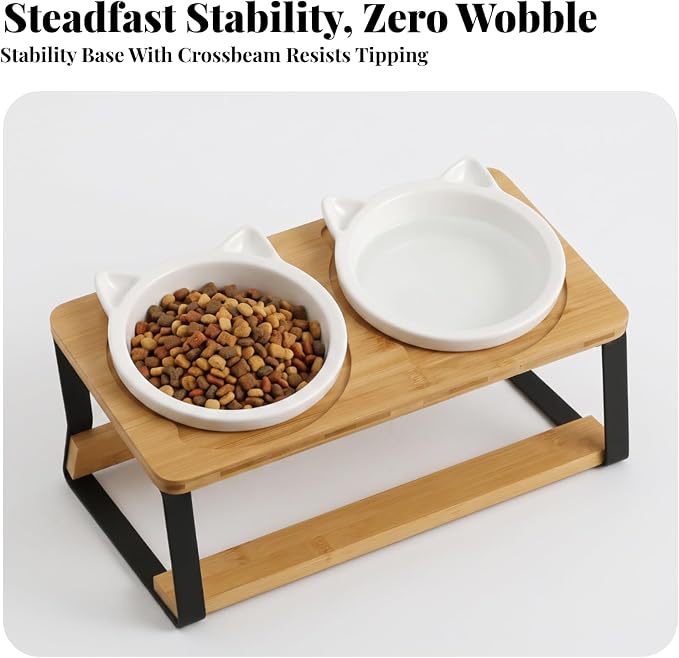 Cat Bowl Stand Elevated Feeder Raised Holder Double Dish Organizer Bamboo Wood and Iron Tilted Frame with Space Saving Design Suitable for Cats and
