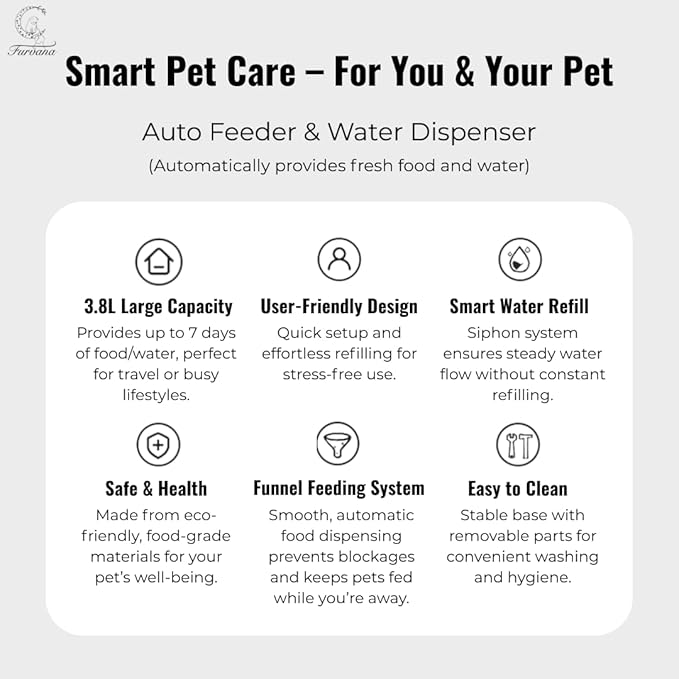 Automatic Food Dispenser and Waterer Set (Pack of 2) with 3.8L Large Capacity, Smart Siphon System for Fresh Hydration, Stable Anti-Tip Design, Off White, Includes a Doggy Photo Frame