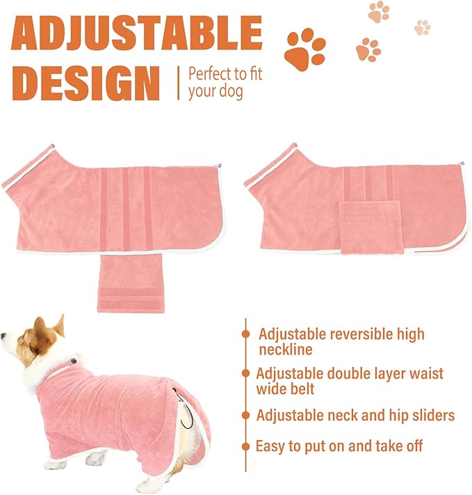 Dog Robe - Fast Drying Towel - Microfiber Super Absorbent Pet Bathrobe, Adjustable Collar & Belly Strap (Pink, Small)