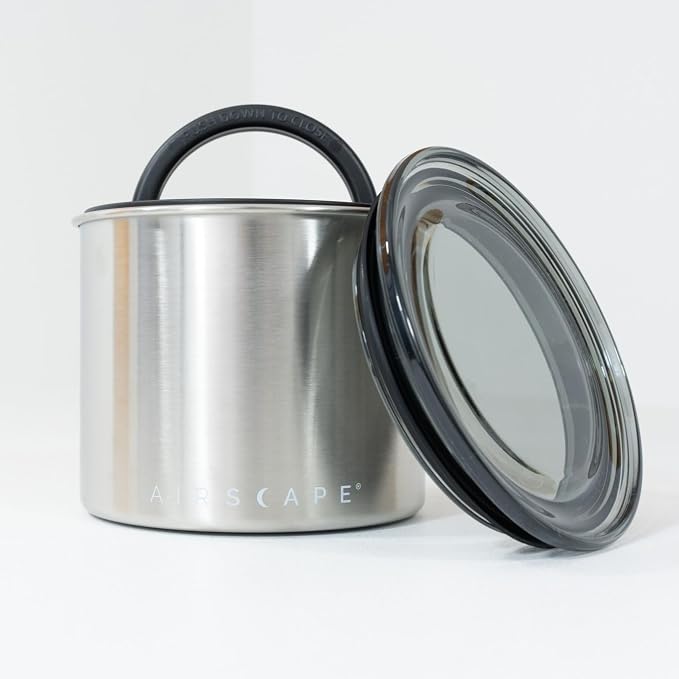 AirScape by Planetary Design | Airless Storage | 250g | Brushed Steel | Food Storage Container | US Patented Airtight Lid | Push Out Excess Air Preserve Food Freshness (Small, Brushed Steel)
