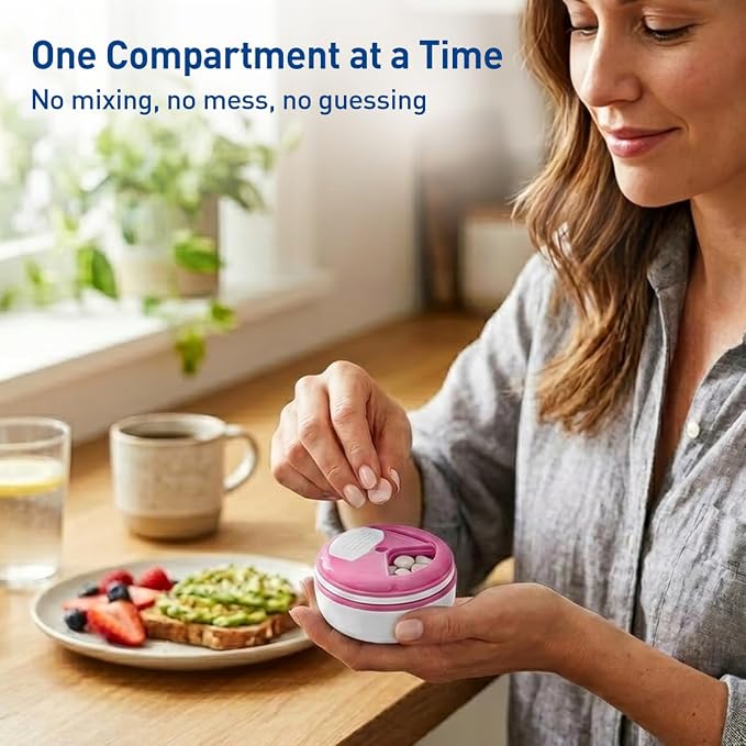Ezy Dose Mini Vitamin Organizer, Multi Compartments, White & Pink, Small | Portable and Compact Design, Easy Access Sliding Pill Dispenser, Supplement Organizer with Anti-Mix Design, Travel Friendly