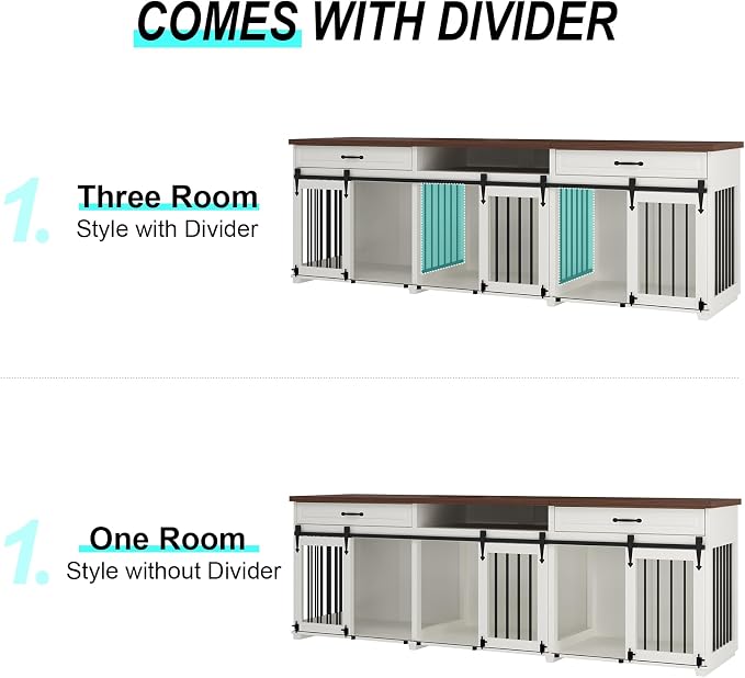 Dog Crate Furniture - Indoor Wooden Dog Furniture Crate Kennel with 3 Sliding Barn Doors, 2 Drawers & 1 Shelf - 95" Lx23.6 Wx31.5 H, White