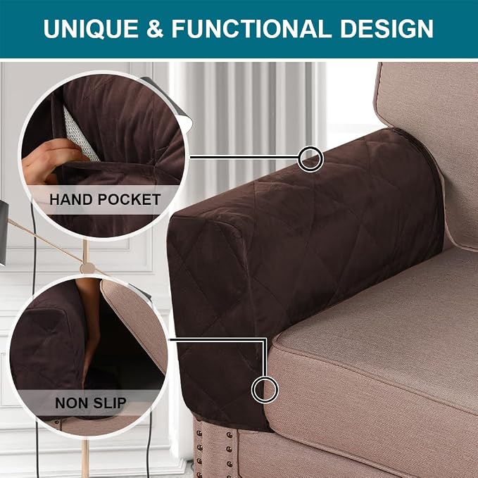 Velvet Quilted Armrest Covers - Water-Resistant Sofa Arm Protectors Set of 2 with Side Pocket Organizer, Non-Slip Furniture Covers for Chairs & Couches (Brown)
