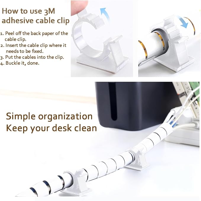 Large Cable Management White Computer Wire Sleeve Organizer Coiled Under Desk Tubes 2 PCS, 1.1 inch -5 ft EZ Spiral Cable Bundler Cover for TV Office, Pet Chew and Bite Proof Cable Protector