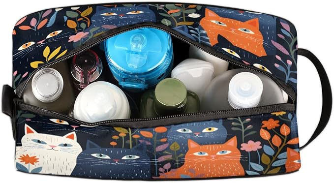 QsirBC Cute Cats Pets Flowers Versatile Toiletry Bag Cosmetic Makeup Organizer Travel Shaving Kit with Handle Large Capacity Waterproof Polyester Bag for Men Women