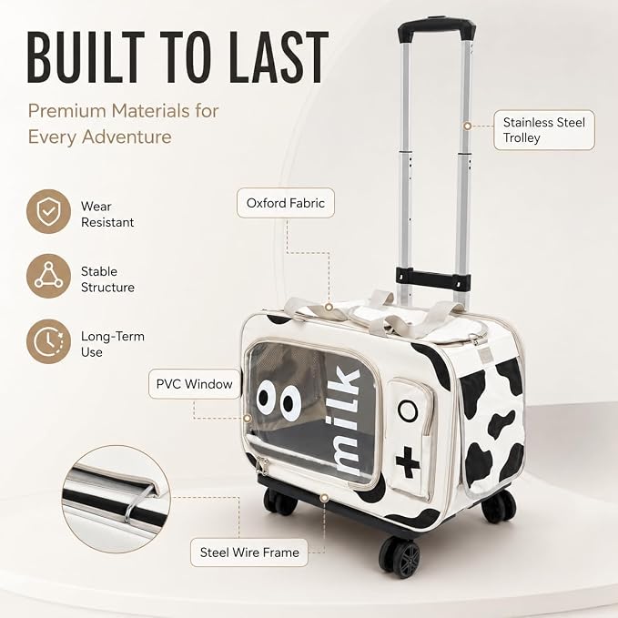 Pet Carrier with Wheels,Steel Wire Frame Cat Carrier,with Upgraded Wheels and Telescopic Handle,for Car Travel Bus Subway, Beige