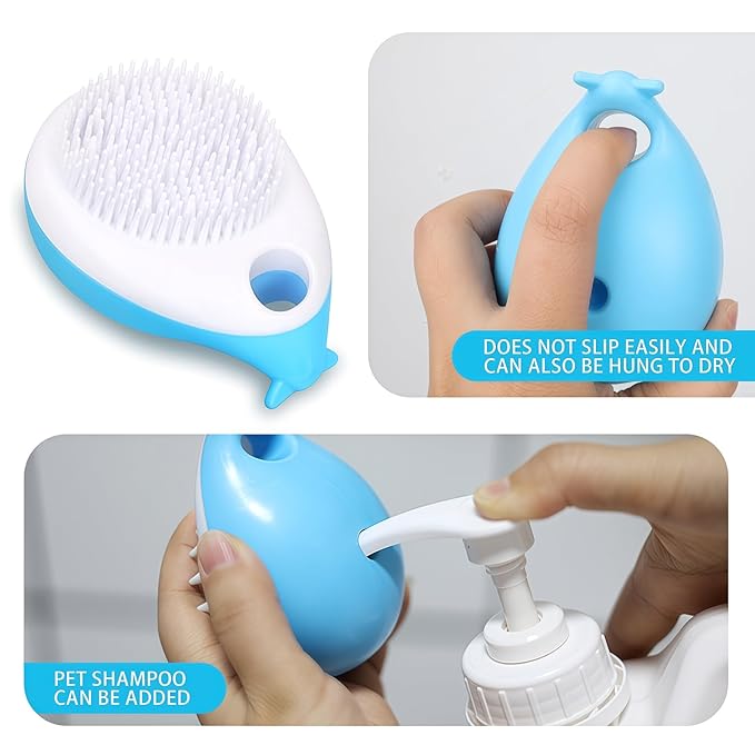 Blue Whale Dog Bath Brush with Shampoo Dispenser Dog Washing Brush Cat Deshedding Comb with Massage Pin Pet Grooming Bathing Tool for Dogs and Cats Remove Loose Hair Deep Cleansing