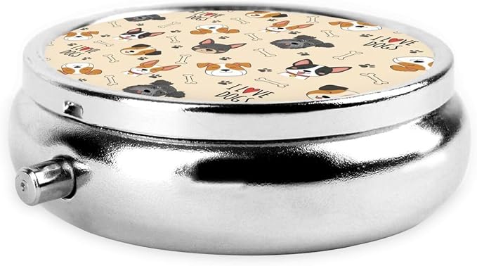 Compact Pill Case, Metal Round Holder for Supplements, Purse Pocket Organizer Travel Essential, Cute Doodle Pets Dog Light Yellow