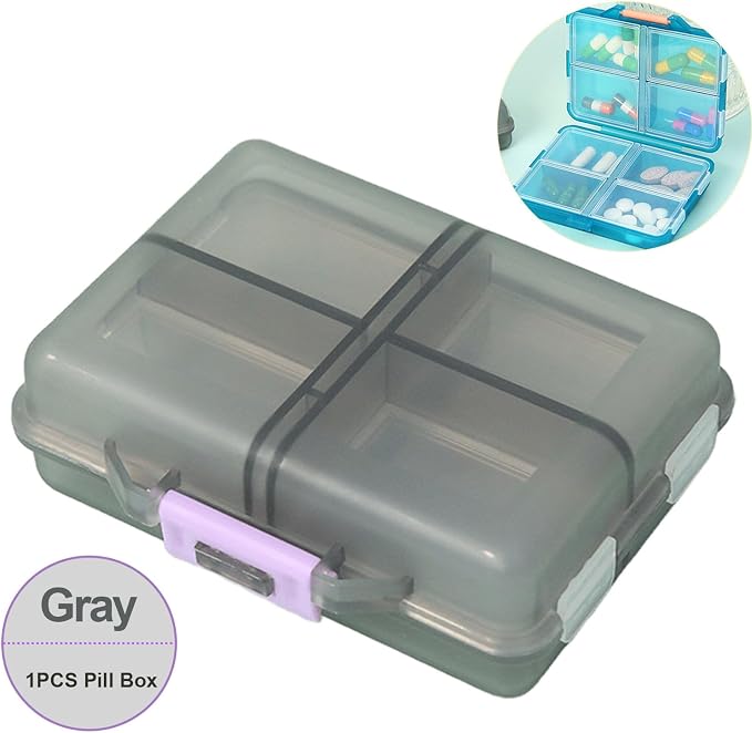 Weekly Travel Pill Organizer Box, 8 Compartments Medicine Case | Small Fold Holder, Daily AM PM Morning Night Pocket Travel Capsule Dispenser for Vitamin, Fish Oil, Supplement, Tablet, Grey
