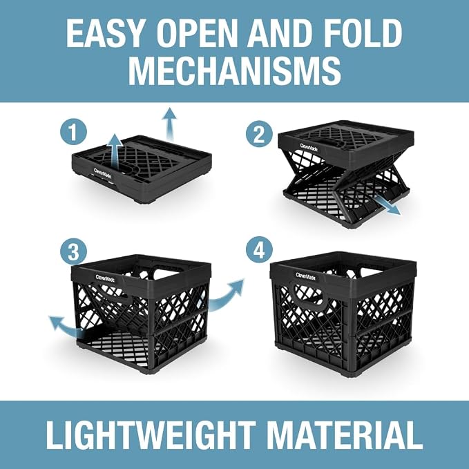 CleverMade Collapsible Milk Crate, 25L, 50 lb, Obsidian (Pack of 6)