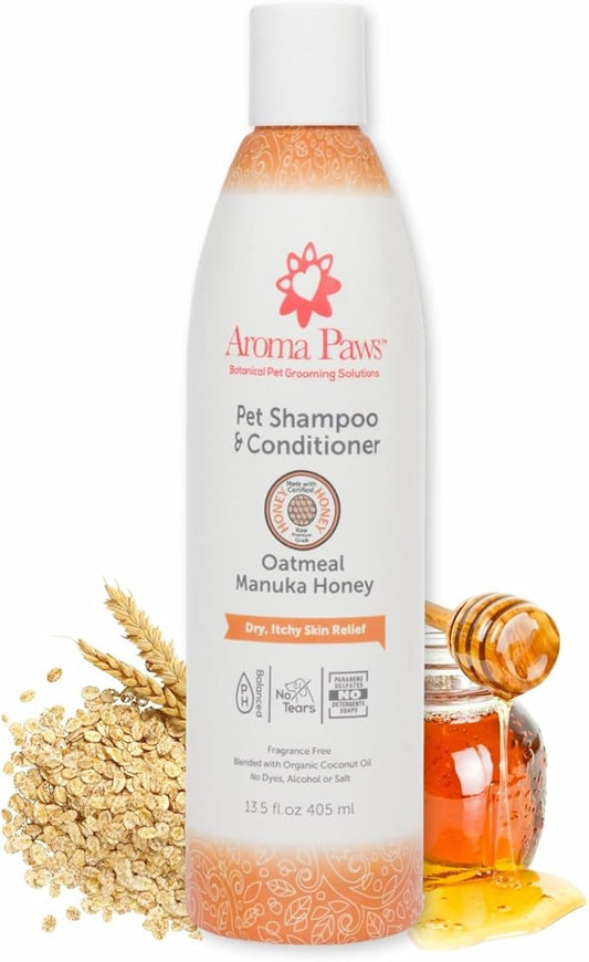 Pet Shampoo & Conditioner 2-in-1, Dry Itchy Skin Relief Formula, Aroma Paws Oatmeal Manuka Honey for Sensitive Skin, Feline Friendly Shampoo, Fragrance Free, Made in USA 13.5 oz.