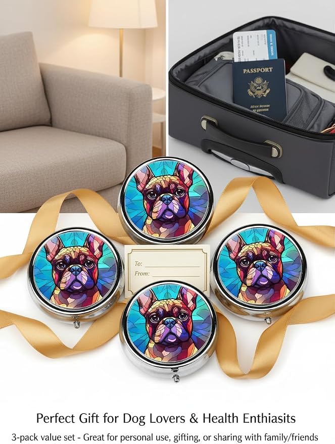 French Bulldog Dog Art Small Box for Pill,3 Compartment Pill Case Travel Medicine,Portable Pocket or Purse Pill Organizer Container Holder Hold Vitamins, Medication, Fish Oil Supplements