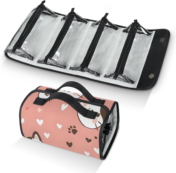 Cat Makeup Bag for Women Hanging Roll-Up Travel Organizer Toiletry Kit with 4 Removable Compartments, Cat Paws Print