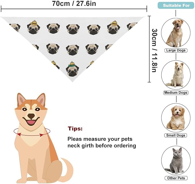 Lightweight Portable Triangle Handkerchief Cute Pug Dogs White for Dogs and Cat Fashion Accessories, Summer Casual Comfy Pet Scarf