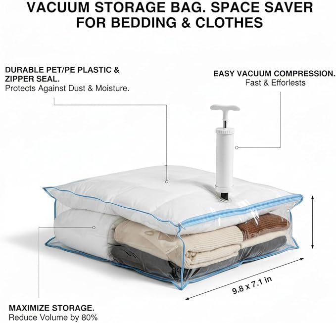 Vacuum Storage Bag with Zipper Seal, Space Saver for Bedding and Clothes, Compresses to 9.8 x 7.1 in, White (1 Pack)