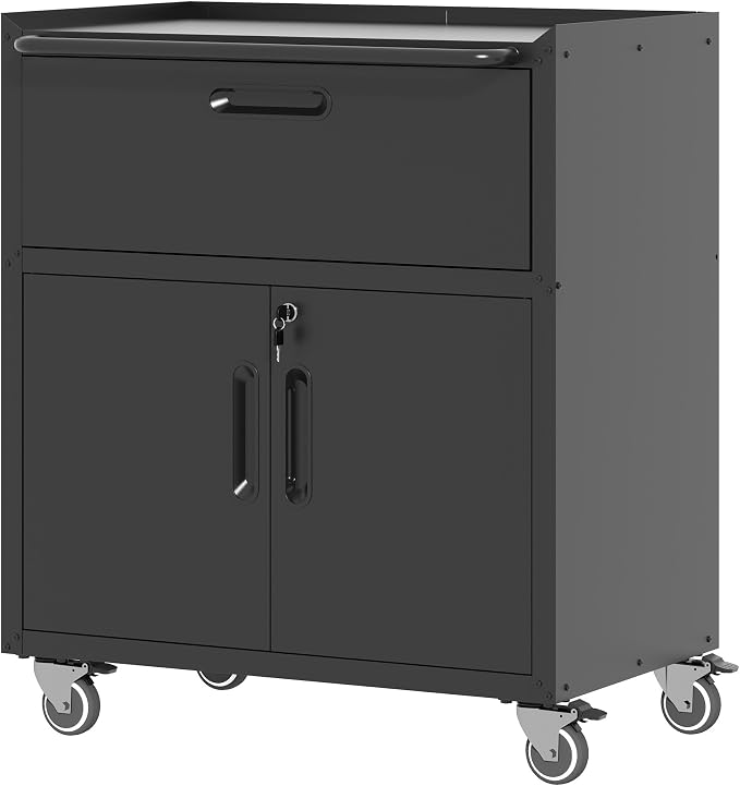 Metal Storage Cabinet for Garage, Tool Cabinet, Utility Cabinet | Wheeled, Rolling Tool Cabinet, Lockable, 2 Doors,1 Drawer, Top Countertop, Assembly Required, Black