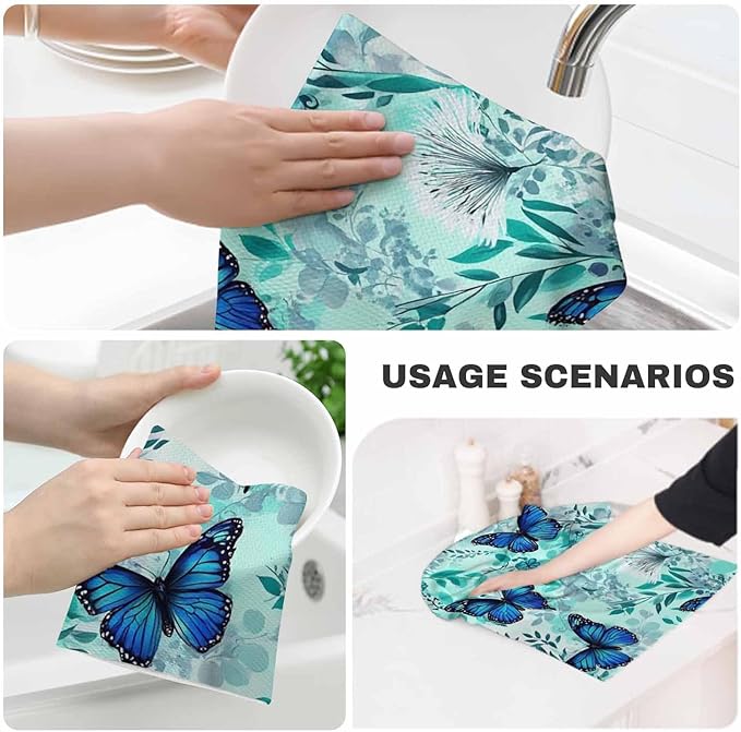 Blue Floral Butterflies Waffle Kitchen Dish Cloths Beautiful Butterfly Green Flowers Ultra Soft Absorbent Quick Drying Dish Towels 16 X 24 Inches Set of 2