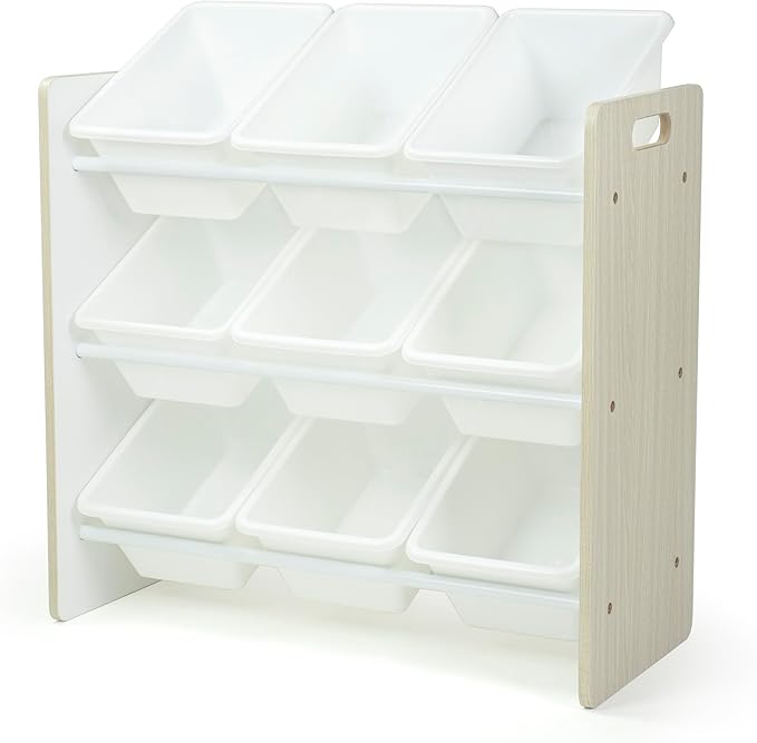 Humble Crew Kids Toy Organizer with 9 Bins, 3 Tier Storage for Playroom | Sturdy wood and steel toddler shelf, removable BPA-free containers, wall anchor anti-tip safety kit for bedroom or classroom