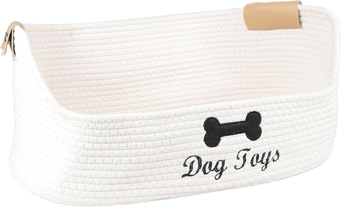 Woven Dog Toy Baskets,Rope Basket for Dog Toys,Collapsible Dog Toy Bin with Leather Handles,Trapezoidal Puppy Toy Storage Basket,Chewproof Dog Organizer for Toys,Collar,Leash,Blankets-Beige