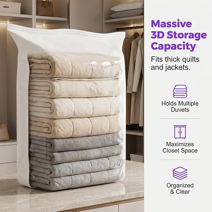 No‑Pump Vacuum Storage Bags, 2026 New Large Vacuum Storage Compression Bags, Reusable Vacuum Seal Bags for Clothing Travel, Space Saver Bags for Clothes, Blankets & Bedding (4Pcs/S:27.6*17.7*12.6in)