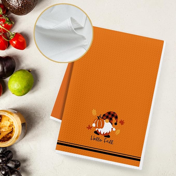 Thanksgiving Pumpkin Gnome Kitchen Fall Towel Gifts for Women,Hello Fall Tea Towel Baking Cooking Drying Cloth for Kitchen,Flour Sack Dish Towels,Farmehouse Decoration for Thanksgiving,Holiday