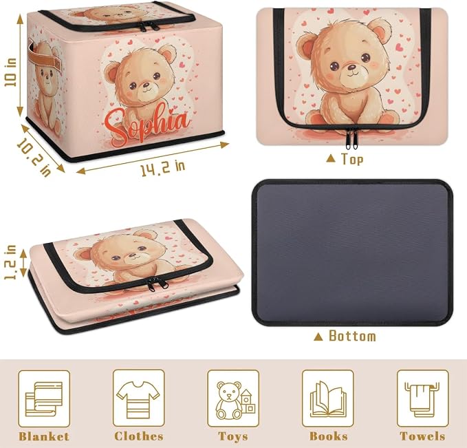 Custom Cute Bear Storage-Bin With Zipper Lid for Kids-Girls-Boys-Baby-Pet,Personalized Name Foldable Storage Box with Handle,Baby Basket With Label for Bedroom Nursery Toy Clothes,Pink