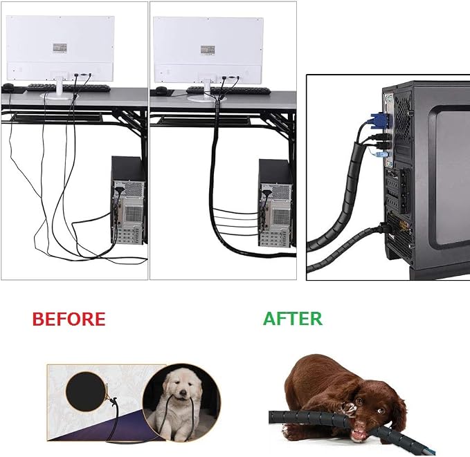 Black Computer Cable Management Sleeves Value Pack, Large 1.1" Pet Proof Cable Cover for Wires and 0.87" Cord Organizer Tube for Home TV Office Organization