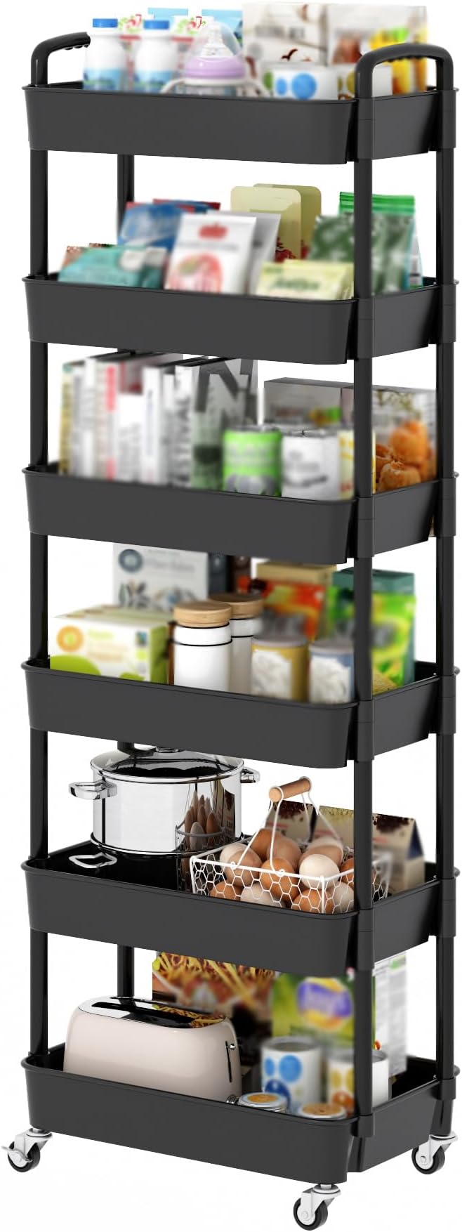 Sywhitta 6-Tier Plastic Rolling Utility Cart with Wheels for Storage,Black | Multi-Functional Storage Trolley, for Office, Living Room, Kitchen, Bathroom,Movable Organizer,Space-Saving,Easy to assemble