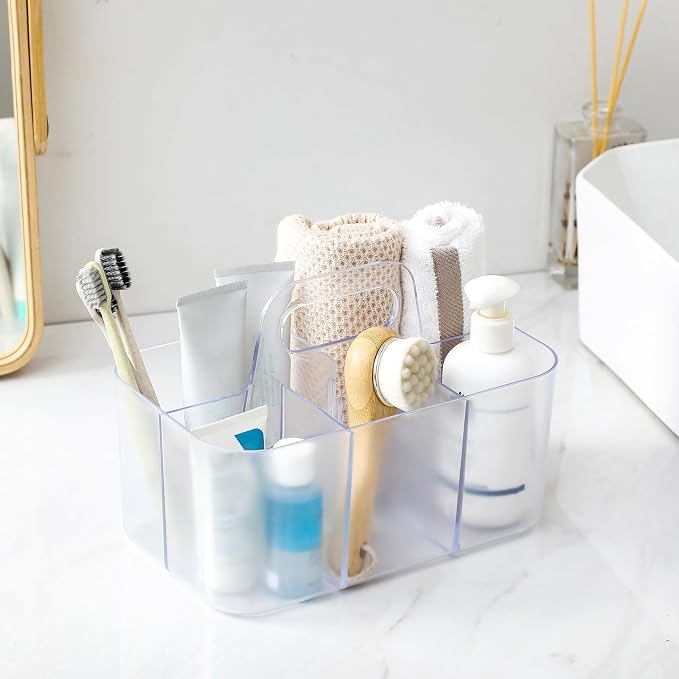 Multiuse Caddy Organizer with Handle, Portable Plastic Tote Bin - Art Craft, Stationary Pen Marker Crayons, Makeup Hair Supplies Storage - Bathroom, Classroom, Dorm, Office, Desk Holder -Frosted Clear