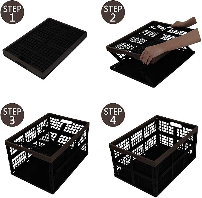 2-Pack 42 L Plastic Staking Folding Storage Basket Crates, Balck | Extra large plastic crate storage, fold flat when not in use, perfect for home, office, and garage organization