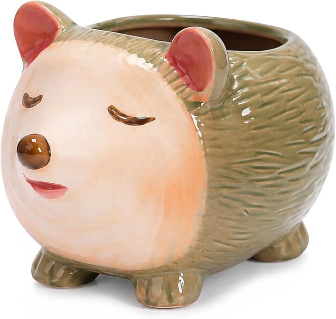 Ceramic Hedgehog Shaped Pen Pencil Holder for Desk Decoration Accessories Hedgehog Decor Makeup Brush Pen Cups Succulent Plant Pot Office School Ideal Gifts for Women, Mom or Birthdays