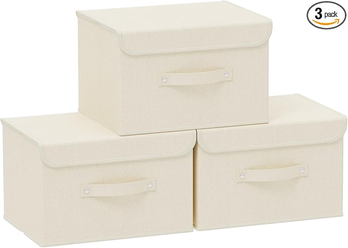 Cloth Storage Baskets with Handles,Beige 10.2x7.9x6.7in,3 Pack | Storage Boxes with Flip-Top Lids,Washable PP Panel Cube Drawer Organizers,Collapsible Underwear Divider Bins for Home