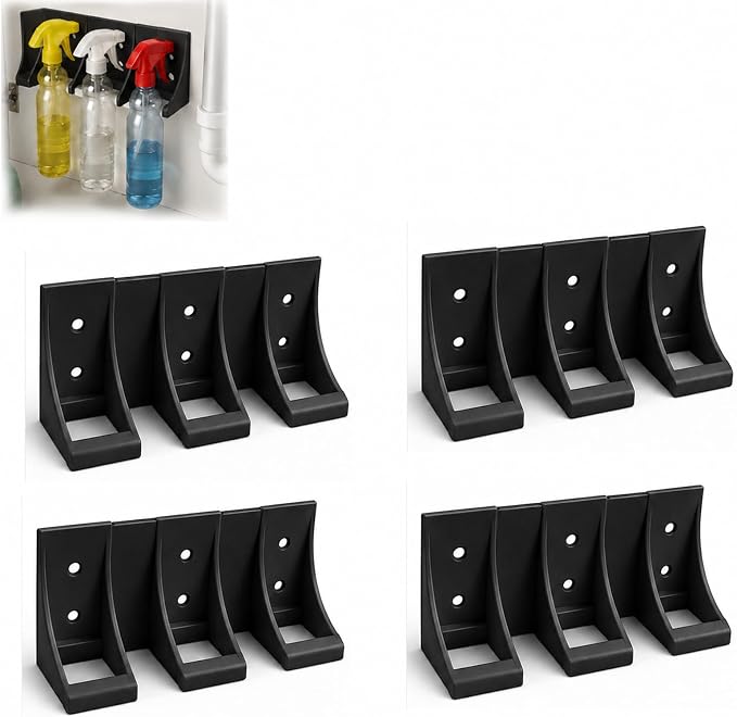 3-Slot Spray Bottle Holder Cabinet Organizer for Cleaning Supplies, black | One-Piece 3-Bottle Storage Design for Organizing Spray Bottles Inside Cabinets, Under Sinks, Laundry Rooms and Utility Areas