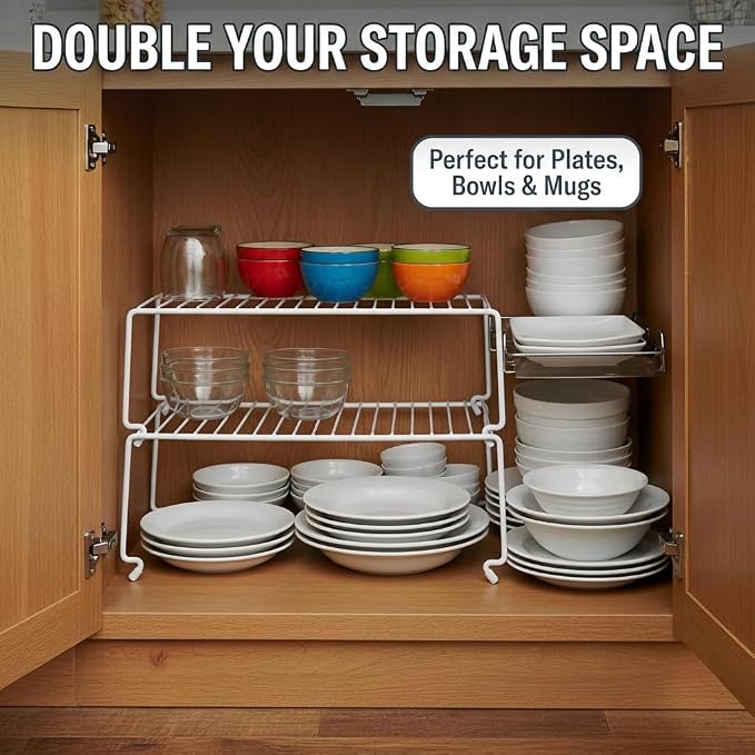 4-Pack Kitchen Cabinet Shelf Riser - Stackable Cupboard Organizer & Wire Rack for Pantry, Spice Organization, Desk & Bathroom, Rustproof Metal Closet Shelves, White (15.7" L x 8.5" W)
