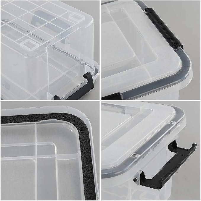 4-pack 10 Liter Clear Plastic Storage Box with Latch Clip/Seal Lid | Food Storage Containers, Latching Bin with Lid, Stackable, Durable