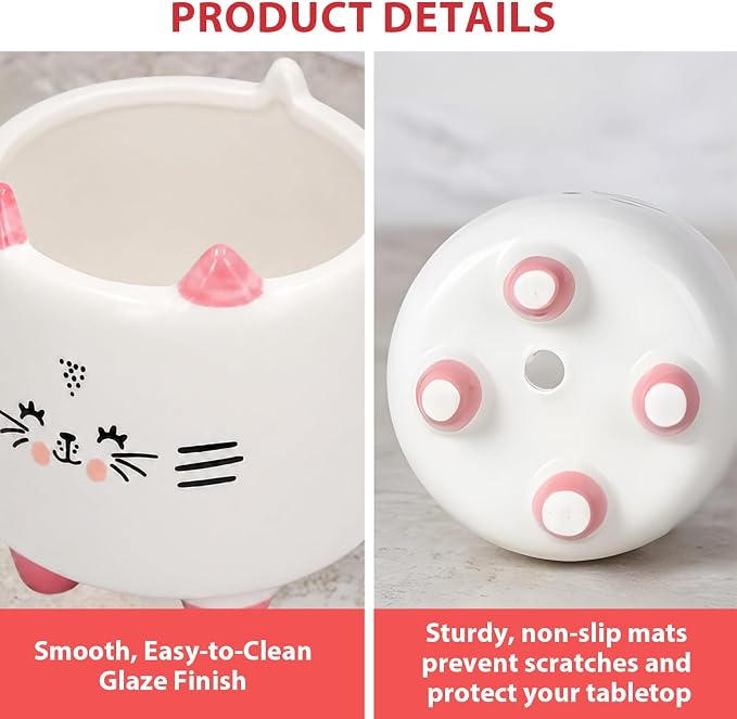 Ceramic Cat Shaped Pen Pencil Holder for Desk Decoration Accessories Cat Decor Makeup Brush Pen Cups Office School Ideal Gifts for Women, Mom or Birthdays