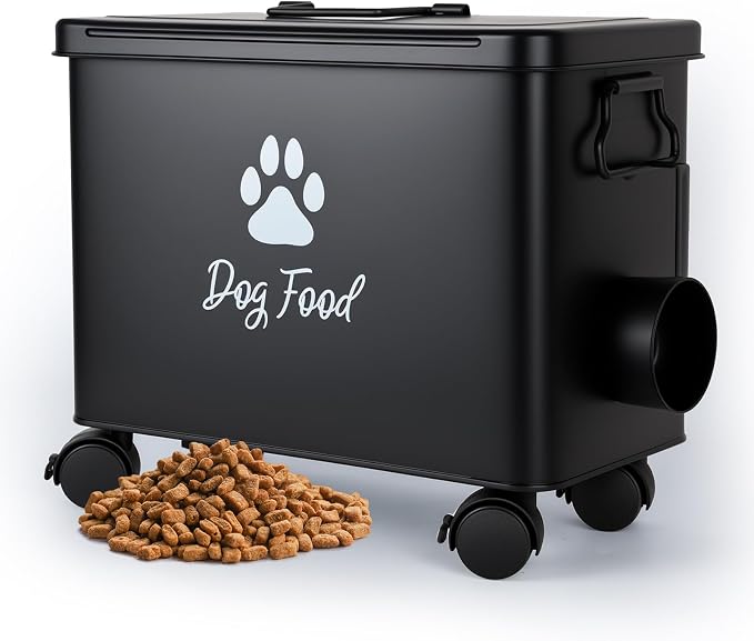 Dog Food Container 13lb, Cute Pet Food Storage with Metal Lid Scoop | Black Metal Storage Bin for Dog/Cat with Wheels,Easy to Move, Need to install