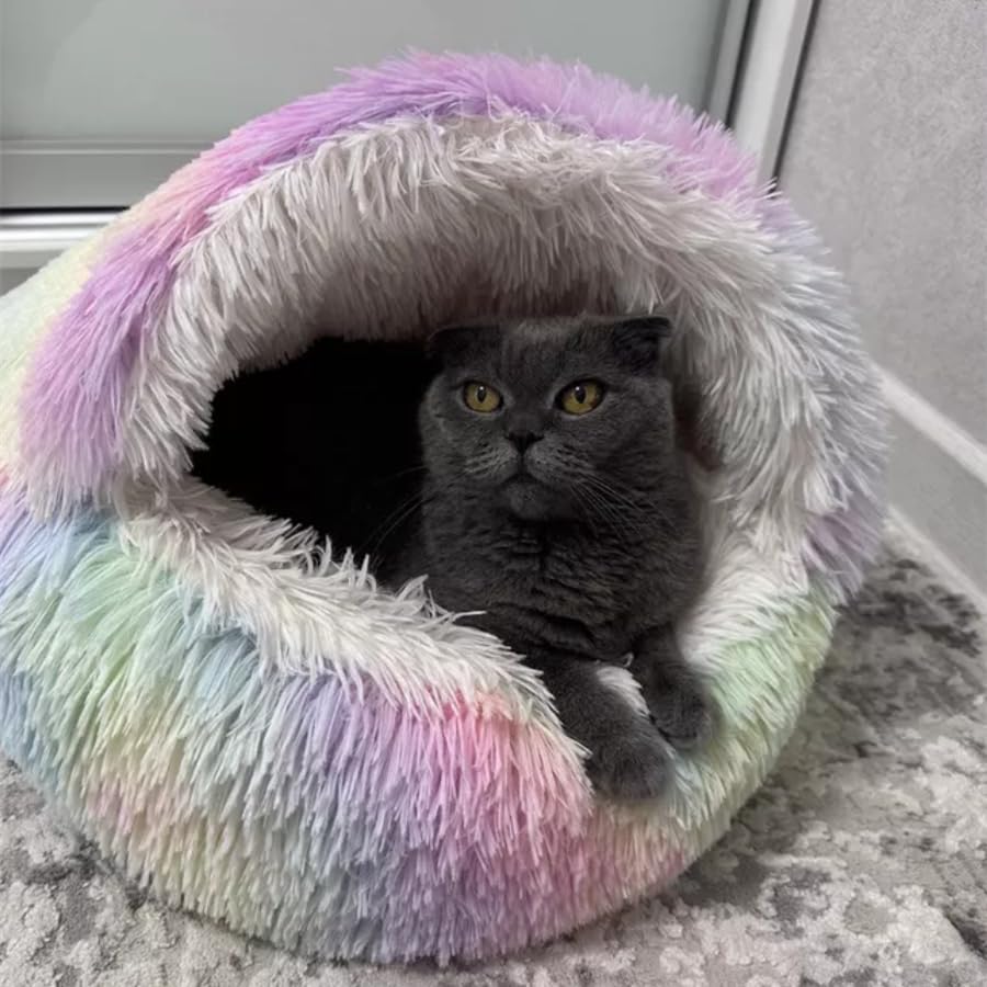 Round Fluffy Hooded Cat Bed Cave, Anti-Anxiety Cave Bed with Blanket | Hooded Cat Bed Cave, Cozy Cuddler Luxury Puppy Pet Bed, Anti-Slip Bottom and Machine Washable