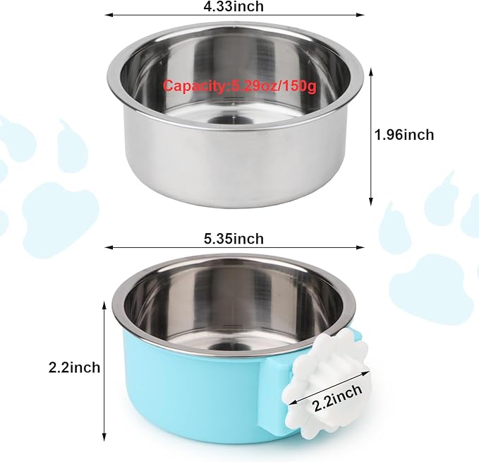 Hypeety Dog Crate Water Bowl No Spill - Hanging Attachable Pet Bowls for Kennel Durable Stainless Steel Food Water Dishes for Small Dogs Cats Rabbits Parrots with Non-Slip Base (Bule)