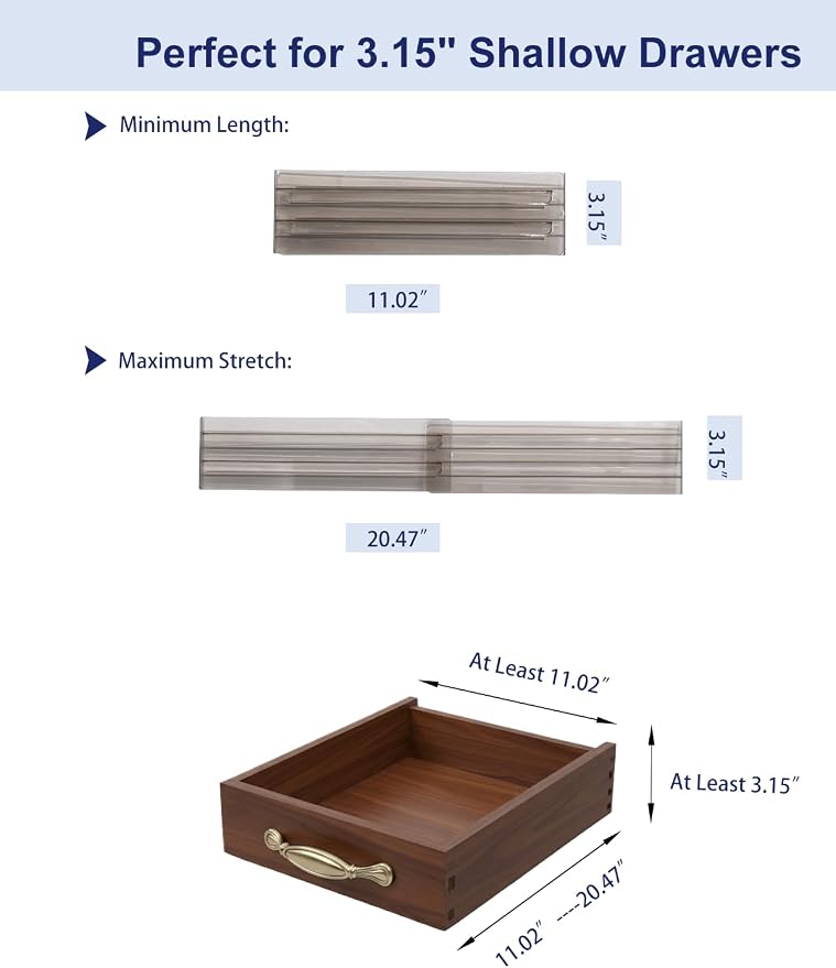 Adjustable Drawer Dividers 5 Pack, 3.15" High, Smoke Plastic | 11"-20" expanding shallow drawer organizer with non-slip pads for socks, makeup, kitchen, bathroom and office.